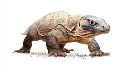 Obraz premium Komodo Dragon's Stance: This photorealistic shot of a Komodo dragon in a direct pose, highlighting the details of the scaly texture, muscular build, and captivating stare, against a simple background.