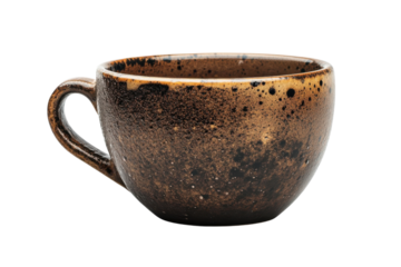 A rustic artisan coffee cup radiating warmth evoking cozy mornings against a stark black backdrop enhancing its textured matte finish and earthy tones.