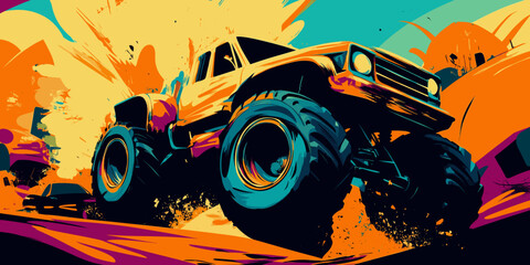 Obraz premium Monster truck performing stunts with vibrant colors and explosive action