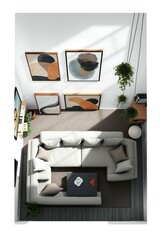 A modern flat design overhead view of an artistic living room abstract paintings, soft sofas, curved shelves with books and vases, hanging plants