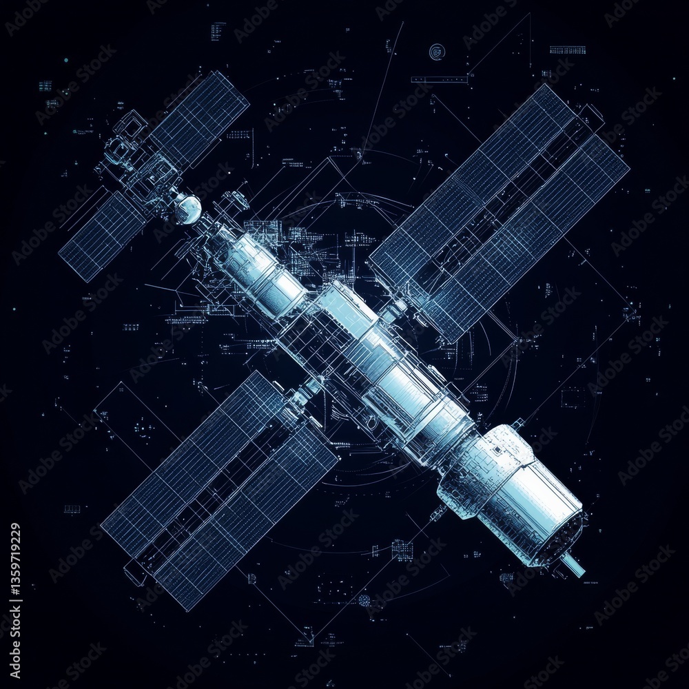 Poster detailed blueprint: depiction of an orbital space station with technical schematics in cosmic space
