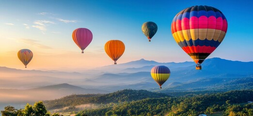 Fototapeta premium Hot Air Balloons Flying Over Misty Mountains at Sunrise Adventure