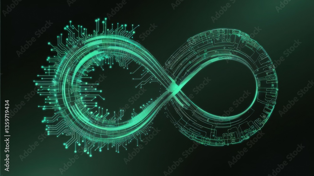 Poster infinite digital universe: an intricate infinity symbol glows with a digital aura against a dark bac