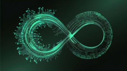 Infinite Digital Universe: An intricate infinity symbol glows with a digital aura against a dark backdrop. Illustrating endless possibilities.