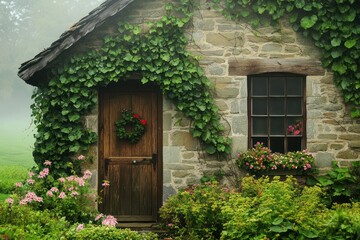 Rustic Stone Cottage Surrounded by Lush Green Countryside. Digital Background