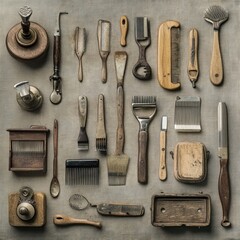 Vintage grooming and crafting tools.  A collection of antique tools, arranged in a grid pattern, showcasing their aged and worn surfaces.  