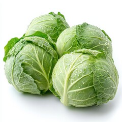 Obraz premium Fresh and Hydrated Cabbages: A Collection of Green Vegetables Covered with Water Droplets on a White Background