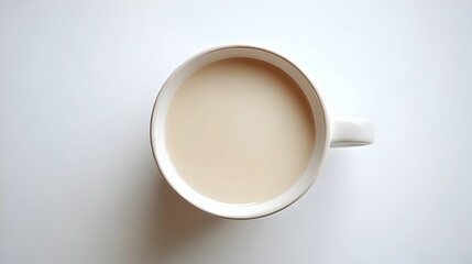 A warm cup of creamy beige tea sits on a bright white background in a simple white mug.
