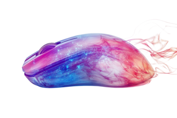 A sleek modern mouse radiating ethereal energy in a mesmerizing fusion of color and light against a dark backdrop with vibrant pink and blue hues.