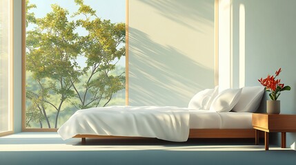 Minimalist bedroom with a platform bed draped in crisp white linens, a natural wood nightstand, and an expansive window showcasing vibrant trees, sunlight casting soft shadows 
