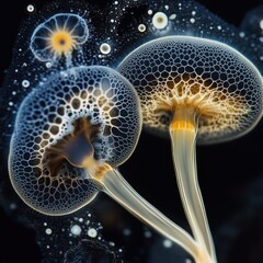 Fototapeta premium A close-up view of bioluminescent mushrooms glowing against a dark background.