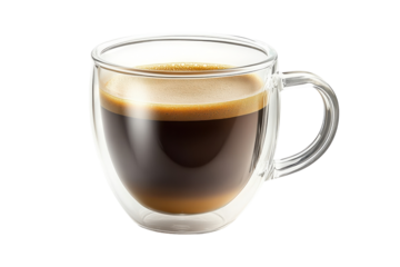 A steamy dark espresso cradled in a transparent glass promising an invigorating morning experience simple direct studio light on black background