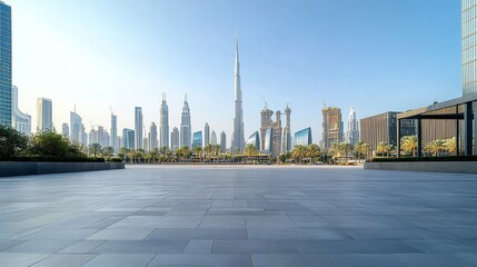 Fototapeta premium Minimalist open plaza with sleek tiled flooring, a bustling city skyline of skyscrapers and iconic buildings in the distance, clear atmospheric light creating sharp contrasts, frontal perspective 