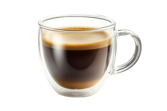 A steamy dark espresso cradled in a transparent glass promising an invigorating morning experience simple direct studio light on black background