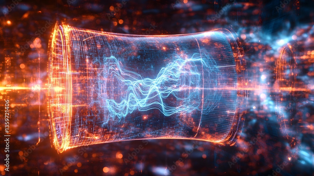 Poster digital representation showing energy flow through a futuristic circuit diagram