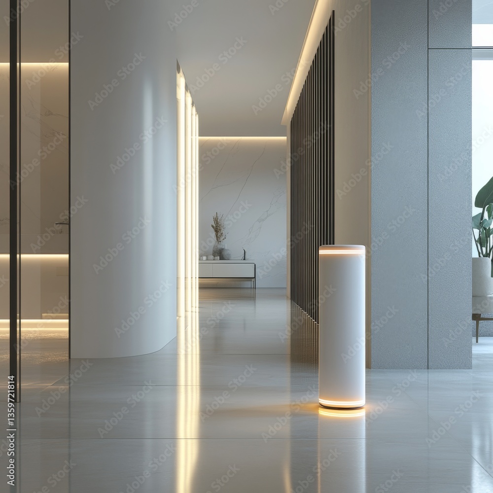 Aufkleber Modern minimalist hallway with soft lighting and a sleek, luminous floor lamp creating an inviting ambience.