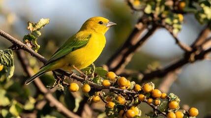 Obraz premium A vibrant yellow bird perched on a branch with berries, showcasing nature's beauty.