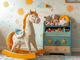 Obraz premium Rocking horse in playroom corner wooden horse with toy chest full of plushies, blocks, puzzles, doodled wallpaper with suns, soft tones, cozy storybook mood.