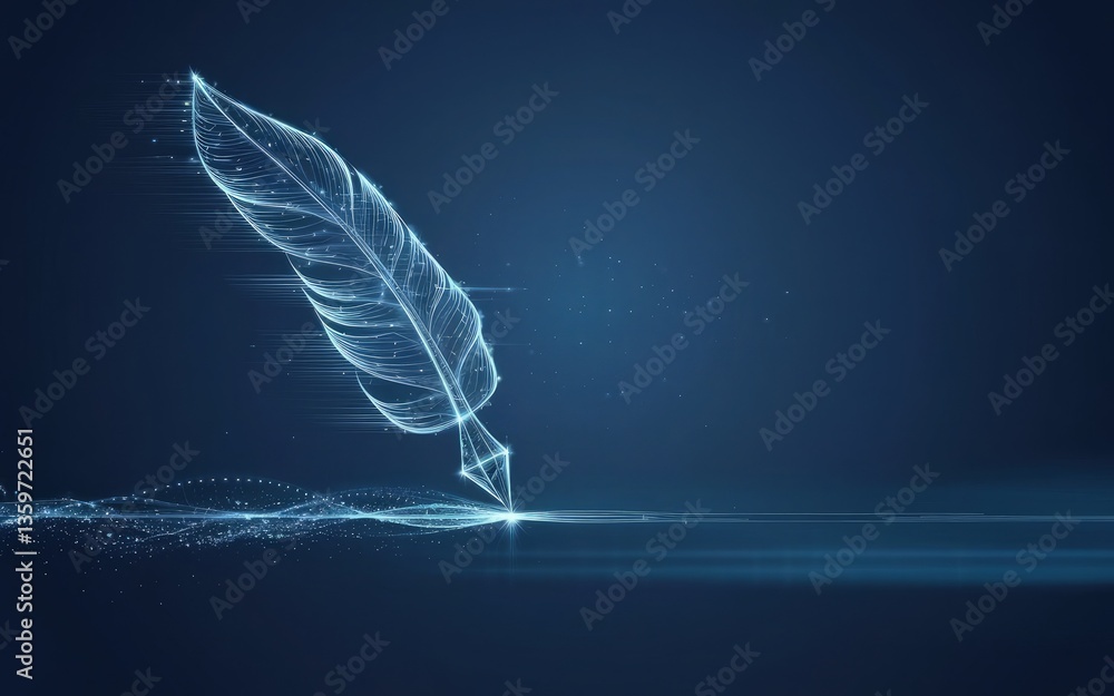 Poster digital quill: a luminous digital quill writes with sparkling light, creating a sense of creativity 