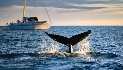 Fototapeta premium Whale tail breaches the ocean surface near a whale watching boat in sunny marine waters during a vibrant summer day