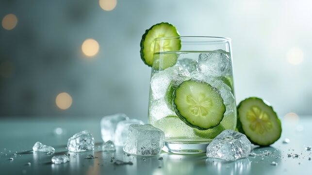 Cucumber-infused beverage with ice cubes on a dimly lit surface.
