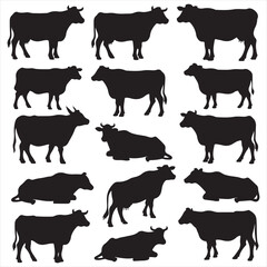 set of cow vector silhouettes, set of different style cow, Dairy farm cow, Cow Grazing On Meadow, vector silhouettes	
	