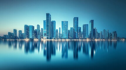 Fototapeta premium Modern city landscape rendered in 3D with blue gradients, sleek buildings arranged symmetrically, reflective surfaces enhancing realism, a soft horizon line blending into the sky 