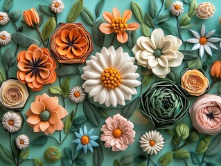 Fototapeta premium Felt flowers in hexagonal frames, each with unique bloom—daisies, tulips, roses—arranged mosaic-style over pastel green felt garden canvas