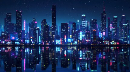 Modern city skyline illuminated by countless windows and neon signs, tall buildings casting long reflections on a calm river, a deep blue night sky above 