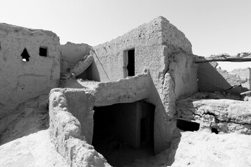 Abandoned houses in the traditional construction of Arabic adobe architecture in Qusur al Muqbil near Riyadh in Saudi Arabia