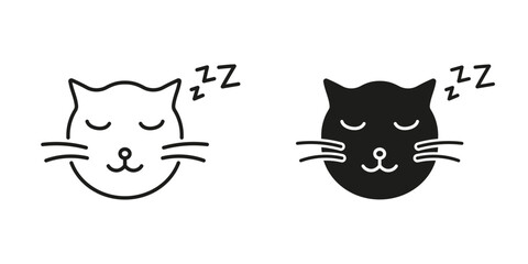 Sleeping Cat Face with ZZZ Line and Silhouette Icon Set. Peaceful Pet Rest and Relaxation Symbol. Calm and Cozy Animal Nap. Editable Stroke. Isolated Vector Illustration