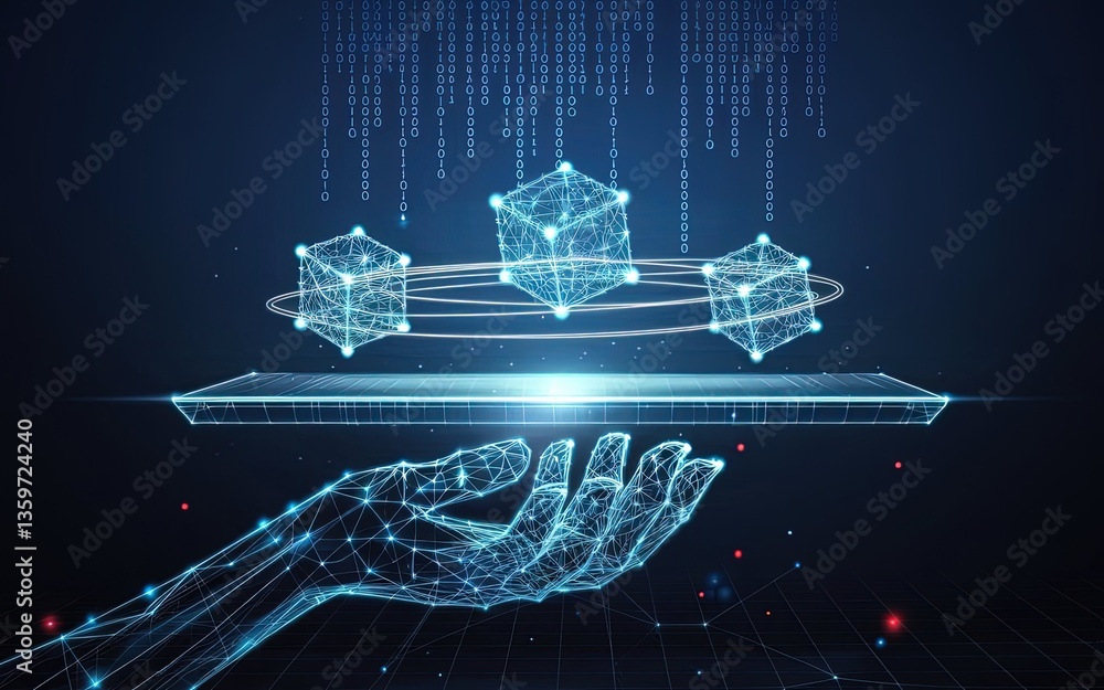 Poster data cubes on display: a digital representation showcases data cubes and a human hand in a complex, 