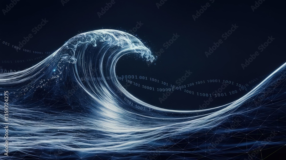 Poster digital wave: a stylized depiction of a digital wave, rendered in shades of blue, illustrating a dat