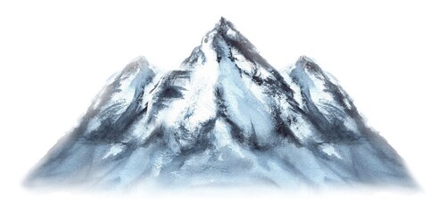 Blue mountain with three peaks. Watercolor snowy rocks. For camping, expedition, hiking, tourism posters, greeting cards design. Isolated image. Hand-drawn watercolor illustration
