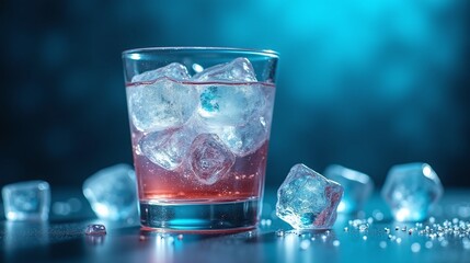 A clear glass filled with ice cubes and a reddish liquid.