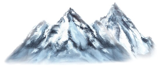 Blue mountain range with snowy rocks. Natural mountain landscape. For camping, expedition, hiking, tourism posters, greeting cards design. Isolated image. Hand-drawn watercolor illustration