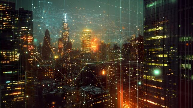 Modern cityscape at night, skyscrapers glowing softly with a radiant overlay of connected lines and nodes, representing a digital network, the skyline blending seamlessly with the illuminated grid 