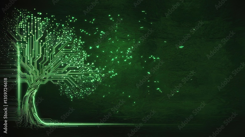 Poster tech tree of life: an abstract, futuristic depiction of a tree fashioned from circuit board pathways