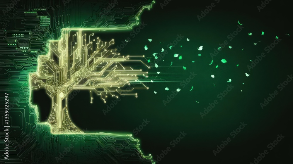 Poster digital brain's tree of knowledge: an artistic depiction of a digital tree blossoming from the silho