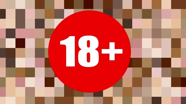 A red circle with the number 18 and a plus sign in white is displayed over a mosaic of flesh-colored squares.