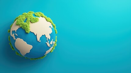Obraz premium A stylized globe featuring continents in beige and green, set against a vibrant turquoise background, symbolizing Earth and environmental themes, Sustainable Living.