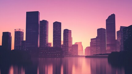 Obraz premium Modern skyscrapers silhouetted against a pastel gradient sunset, the calm water amplifying the soft glow of the sky, subtle light and shadow playing across the buildings 
