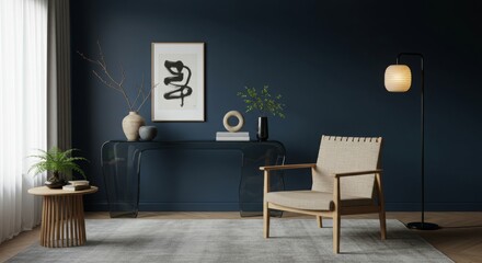 Calm Japandi Living Space with Navy Wall, Organic Decor, and Blackened Steel Lighting
