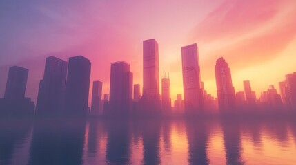 Obraz premium Modern skyscrapers silhouetted against a pastel gradient sunset, the calm water amplifying the soft glow of the sky, subtle light and shadow playing across the buildings 