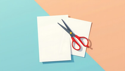 Scissors and blank paper on colorful background