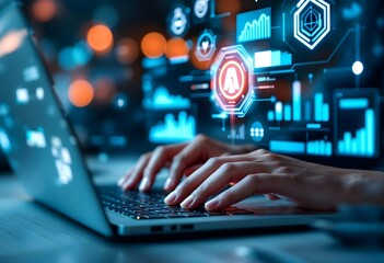 "Corporate Executive Using Laptop with Augmented Reality Dashboard, Financial Analysis, Team Collaboration &ndash; Technology Integration"

