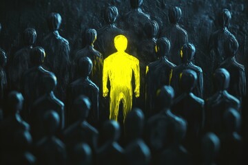 Fototapeta premium Unique figure stands out among dark silhouettes in a striking image representing individuality and distinction in a crowd