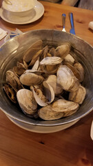 Steamed Clams Served in a Metal Bucket at a Seafood Restaurant in New Hampshire