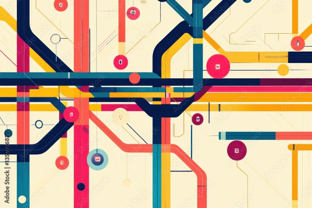 Poster abstract geometric pattern in vibrant colors depicting a complex network of lines and circles, ideal