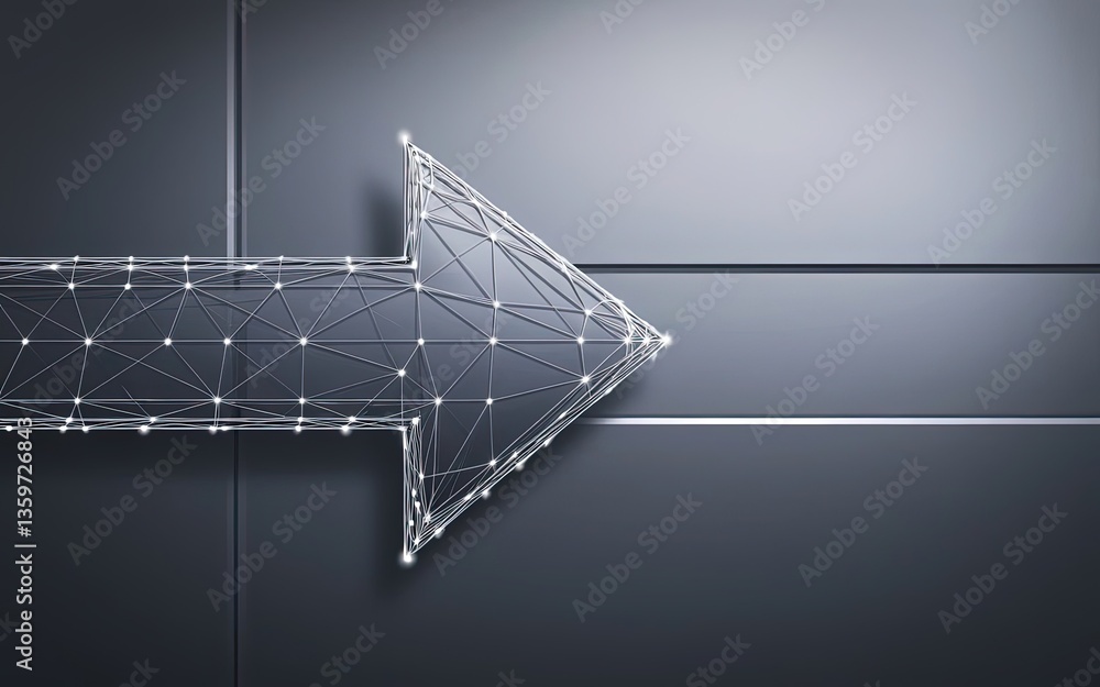 Poster navigating forward: a futuristic, stylized arrow constructed from interconnected lines and nodes poi